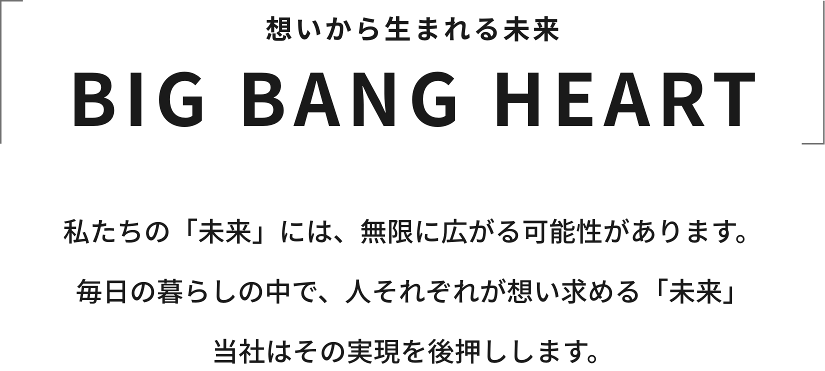 想いから生まれる未来　BIG BANG HEART　私たちの「未来」には、無限に広がる可能性があります。<br>毎日の暮らしの中で、人それぞれが想い求める「未来」<br>当社はその実現を後押しします。